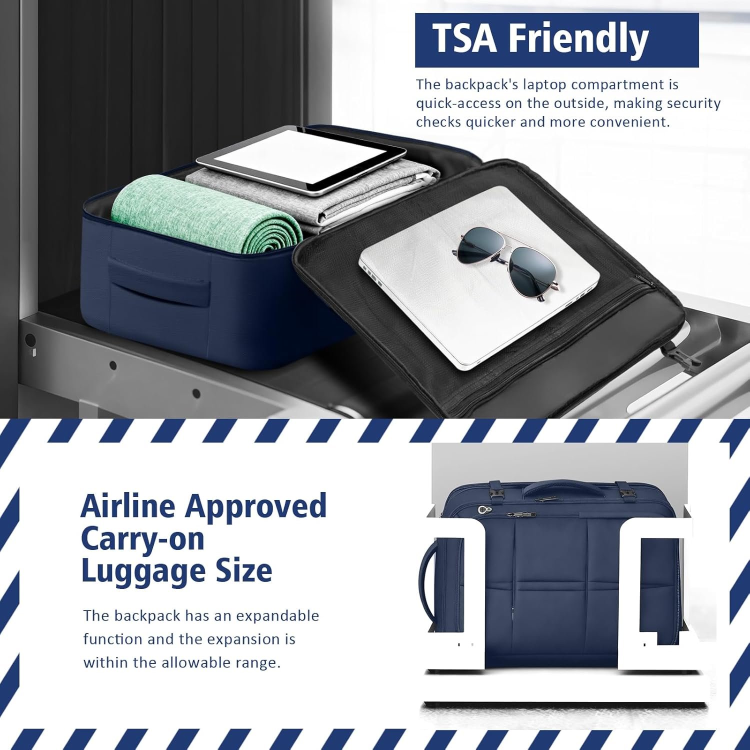 Travel Backpack, Extra Large 50L Flight Approved Carry on Backpack, Expandable Waterproof Business Suitcase Daypack Big Bag Fits 18.4 Inch Laptop, Blue - Image 2