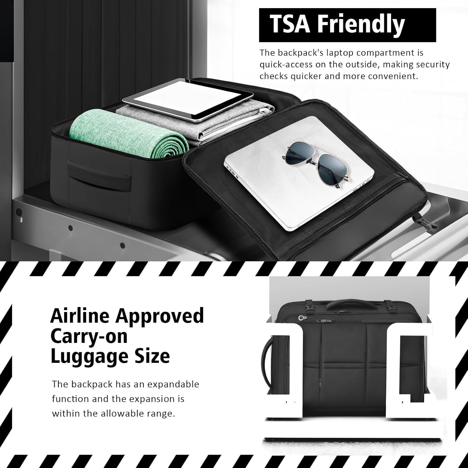 Travel Backpack, Extra Large 50L Flight Approved Carry on Backpack, Expandable Waterproof Business Suitcase Daypack Big Bag Fits 18.4 Inch Laptop, Black - Image 2