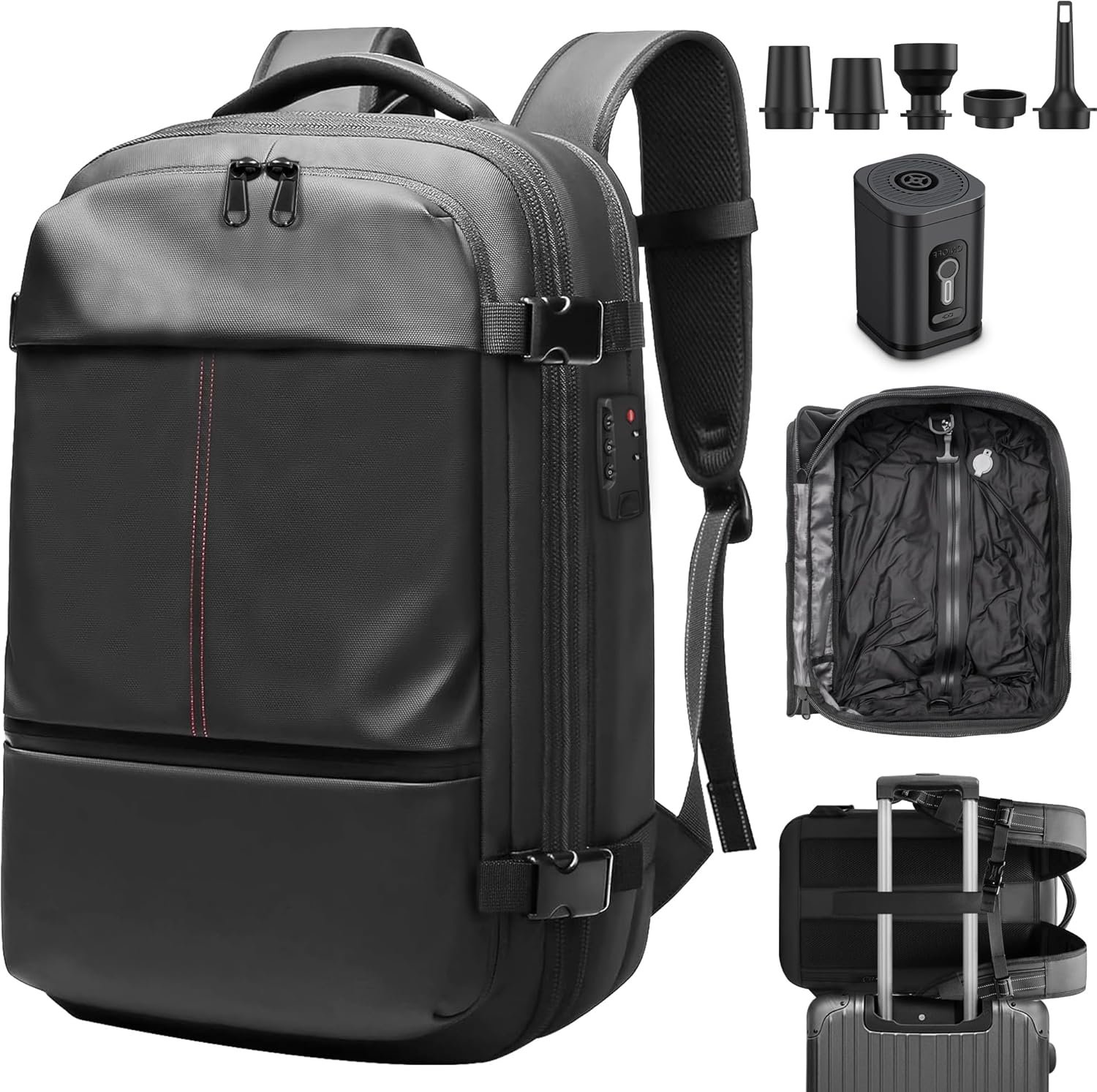 Vacuum Backpack Travel, Vacuum Compression Travel Backpack with Pump, Water Resistant & TSA Anti Theft, Ideal for Travel/Camping/Laptop (With Electric Air Pump & Black)