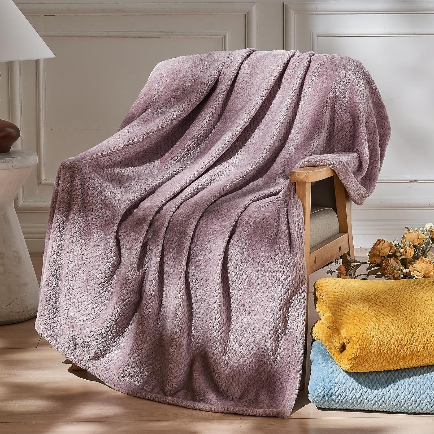 Super Soft Throw Blanket Light Purple Premium Silky Flannel Fleece Leaves Pattern Lightweight Bed Blanket All Season Use (Light Purple, Throw(50"x60")) - Image 2